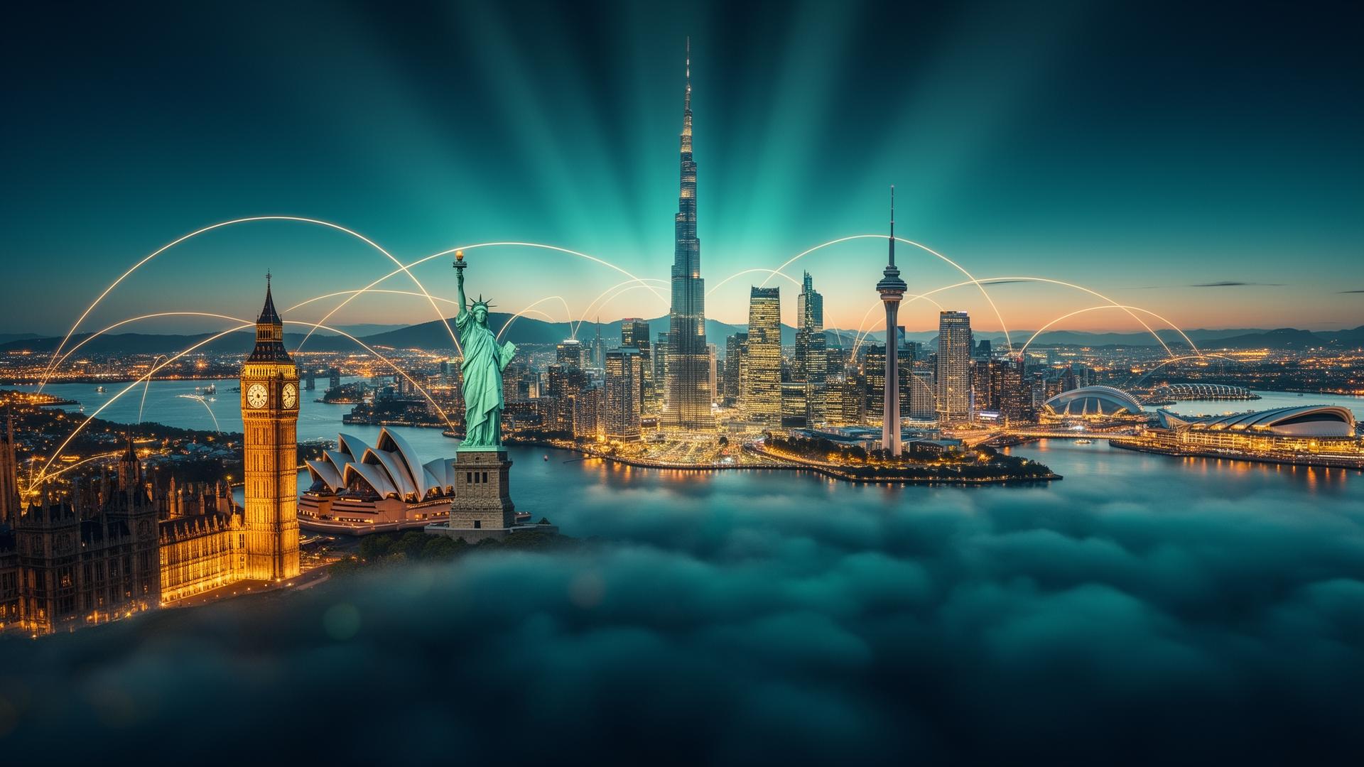 Global landmarks at twilight